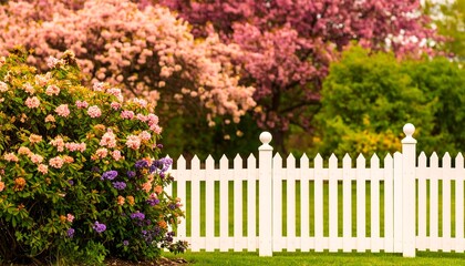 Fototapeta premium A charming white picket fence stands sentinel in a lush garden filled with vibrant spring blossoms, creating a picturesque scene.