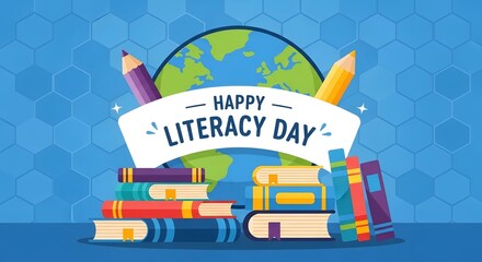 Happy literacy day celebration with books, pencils, and a globe symbolizing global education and the importance of reading and writing for knowledge and empowerment
