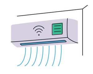 Flat cartoon vector illustration of air conditioner with wifi control, smart home system. Modern cooling device for temperature comfort, home automation, energy saving, technology and lifestyle
