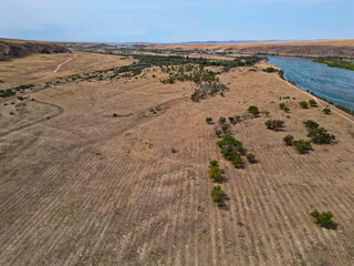 The Ili River and the sandy coastal area. The largest river in Semirechye. The view from the drone. Summer time of the year.