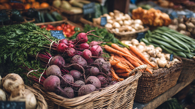 Earthy Bounty: Freshly Harvested Beetroots and Carrots in Rustic Wicker Baskets - Powered by Adobe