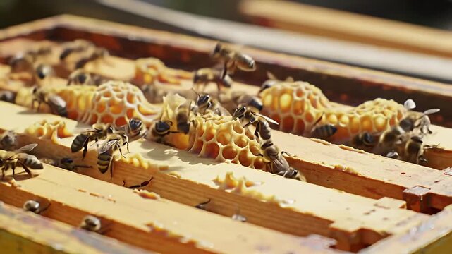 Bees cluster on and around light-yellow, partially built honeycomb in a wooden frame