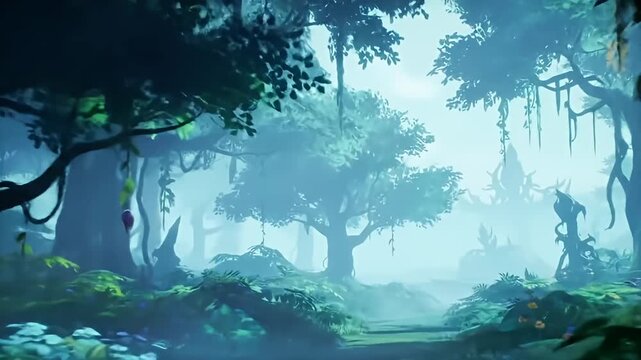 A misty, lush forest scene, featuring trees with dense foliage and hanging vines