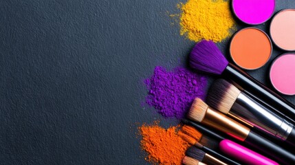 Vibrant makeup products arranged artistically on a dark surface with colorful powders and brushes