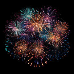 Naklejka premium Gold Spark Firework Texture Radiant Pattern, Isolated on Black, Vibrant Fireworks Texture Burst on Black Night Sky, Dynamic Starburst Firework Texture for Party, Festival, and Celebration Backdrops