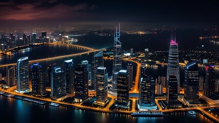 Fototapeta premium Aerial Cinematic View of a Vibrant Contemporary Cityscape