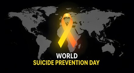 World suicide prevention day awareness with a glowing orange and yellow ribbon superimposed on a world map, symbolizing global support and hope