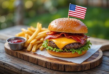 Delicious Bacon Cheeseburger with Crispy Fries and American Flag