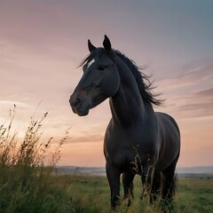 Fototapeta premium Single stallion rearing on a grassy knoll at dusk, silhouette against a pastel sky, minimalistic landscape emphasis, no people,Generative Ai 