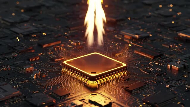 rocket stands on a luminous chip in the center of a complex circuit board