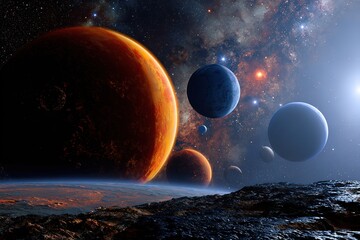 Concept art of multiple planets in space, with planets of different colors and textures