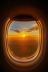 Airplane window sunset view with radiant sun and glowing golden sky horizon, cinematic travel atmosphere captured