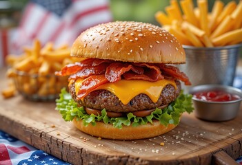 Juicy Bacon Cheeseburger with Crispy French Fries on Rustic Wooden Board