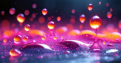 Vibrant water droplets, pink hues, dark background. Captivating macro photography, beautiful liquid textures, sparkling reflections.