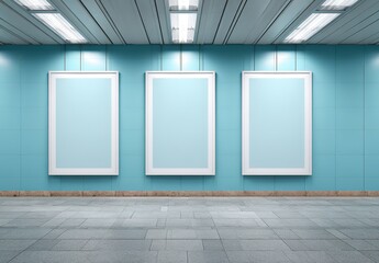 pure blue subway wall with three vertical posters mockups on it, with white empty space