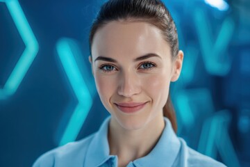 Fototapeta premium A headshot of a smiling young woman in a blue shirt with a blurred blue background. The image conveys a sense of friendliness, professional competence, and confidence in a high-tech environment.