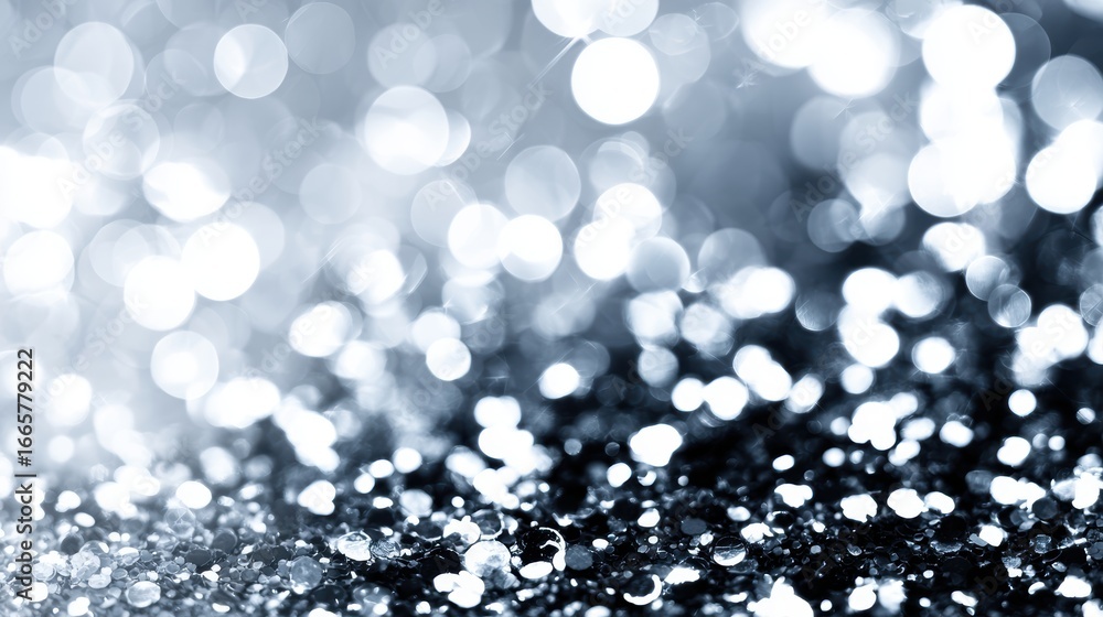 Poster sparkling silver and blue bokeh background with shimmering lights creating a festive ambiance