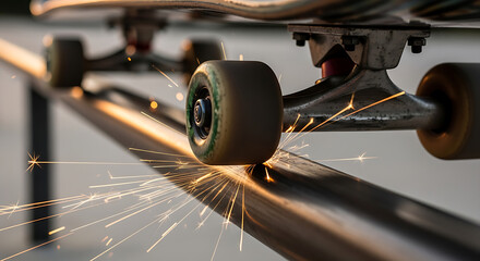 Close-up of skateboard wheels grinding on metal rail creating sparks during extreme sports trick outdoors