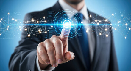 Businessman touching digital screen showing gear, connected nodes, and code fragments against a blue backdrop