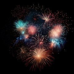 Fototapeta premium Gold Spark Firework Texture Radiant Pattern, Isolated on Black, Vibrant Fireworks Texture Burst on Black Night Sky, Dynamic Starburst Firework Texture for Party, Festival, and Celebration Backdrops