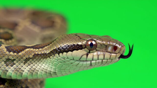 Close-Up Python's Head with Flicking Tongue on a Green Screen
