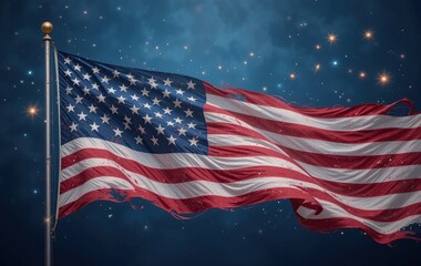 Patriotic American Flag Waving under Night Sky with Sparkling Stars