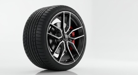 Sleek car tire with modern rim and detailed tread for automotive performance on a clean white background