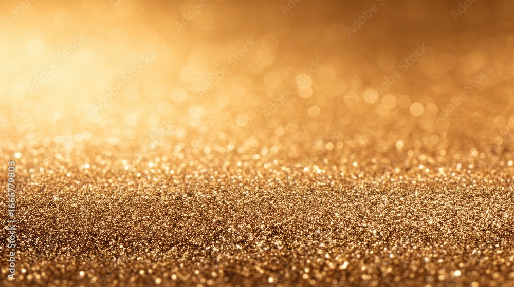 Poster a shimmering golden surface with sparkling particles reflecting light, creating a warm and inviting 