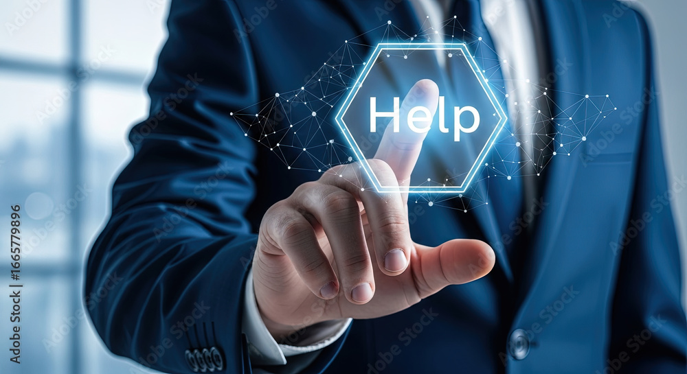Poster caucasian businessman pressing glowing digital help interface button with his index finger