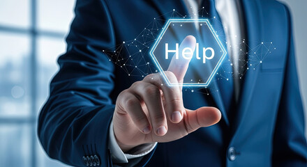 Caucasian businessman pressing glowing digital help interface button with his index finger