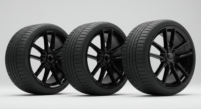 Sleek black car wheels featuring modern rims and tires showcase automotive design and performance