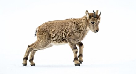 Fototapeta premium Young mountain goat gracefully stands against bright white snow background. AI Generated