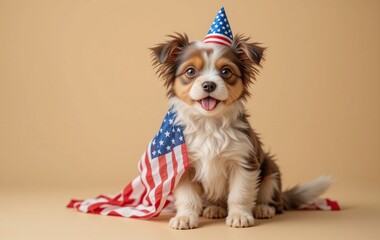 Adorable Patrioic Puppy in a Festive Hat and American Flag; Celebrating Independence Day