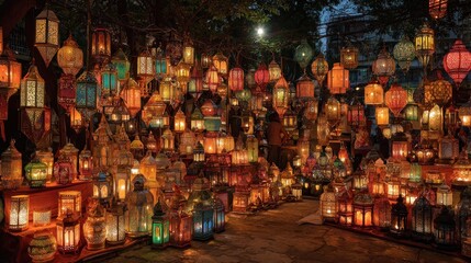 Colorful lanterns in a market at twilight