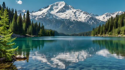 Fototapeta premium Turquoise Lake with Snow-Capped Mountains and Reflections