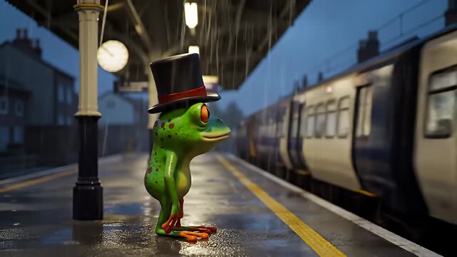 Rainy train station scene, a stylish frog waits, top-hatted, in the wet with train behind