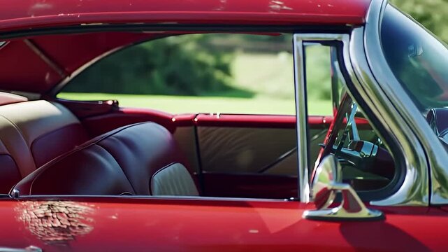 Interior view of a red and beige vintage car featuring shiny chrome trim and door