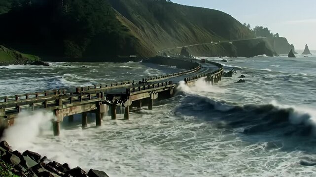 Damaged concrete bridge over turbulent ocean waves, coastal highway & cliffs backdrop