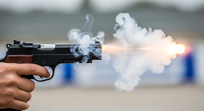 Hand firing a pistol causing muzzle flash and smoke during shooting practice outdoors