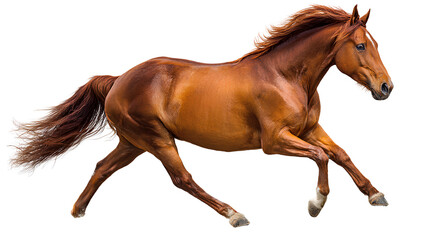 Obraz premium beautiful brown horse running, side view, transparent background, png sticker format, high resolution. 