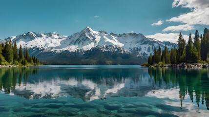 Turquoise Lake with Snow-Capped Mountains and Reflections