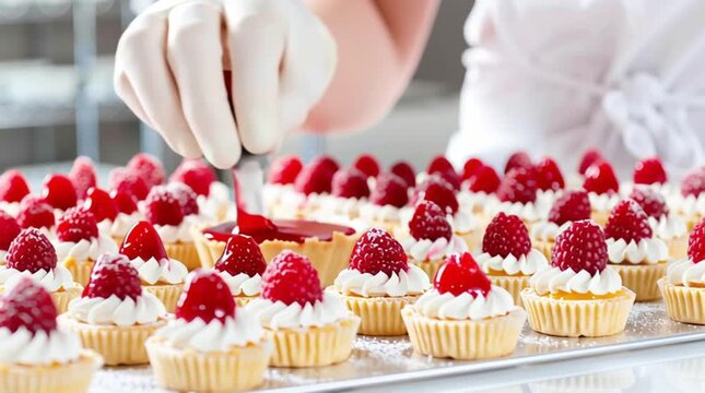 Gloved hands decorating mini raspberry tarts with cream and fresh berries on a tray. Professional dessert production.