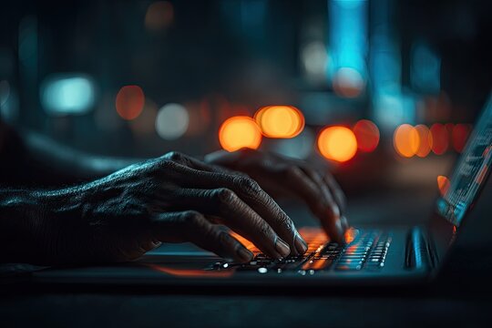 Hands typing on laptop at night. City lights blur in background
