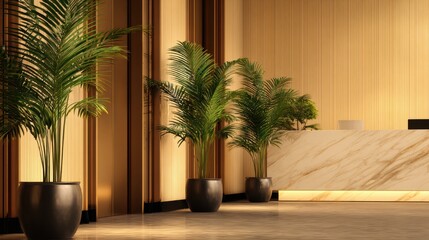 Fototapeta premium Elegant modern reception area featuring lush potted plants and a marble counter in a luxurious setting