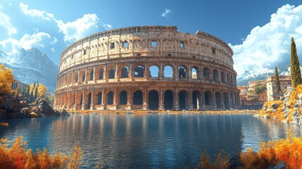 Ancient Amphitheater by Autumn Lake