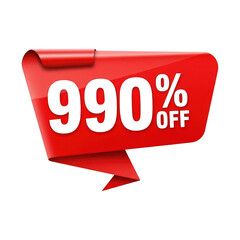 Glossy red speech bubble banner announces 990 percent off promotion transparent background