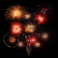 Fototapeta premium Gold Spark Firework Texture Radiant Pattern, Isolated on Black, Vibrant Fireworks Texture Burst on Black Night Sky, Dynamic Starburst Firework Texture for Party, Festival, and Celebration Backdrops