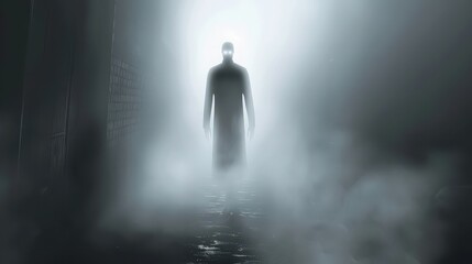 Obraz premium A mysterious figure shrouded in fog standing in a dimly lit space with a bright light behind them