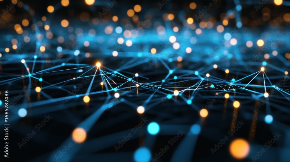 Aufkleber Abstract digital network visualization featuring interconnected nodes and glowing lights.