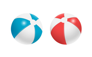 Blue white and red white striped volleyball or beach ball on white background for summer travel advertisement design, vector 3d illustration isolated for banner advertisement design